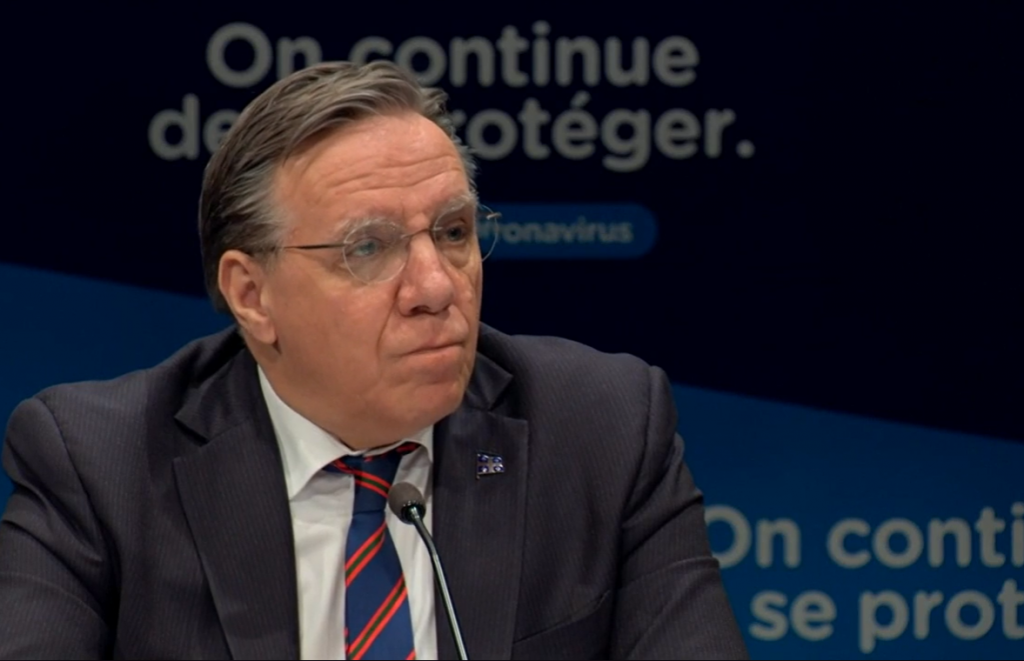 Quebec Premier Francois Legault at the May 14 provincial update on the coronavirus (COVID-19) health emergency. Photo: Screenshots / CBC