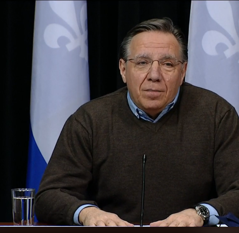 Quebec Premier Francois Legault at the May 18 provincial update on the coronavirus (COVID-19) health emergency. Photo: Screenshots / CBC