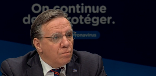 Quebec Premier Francois Legault at the May 14 provincial update on the coronavirus (COVID-19) health emergency. Photo: Screenshots / CBC
