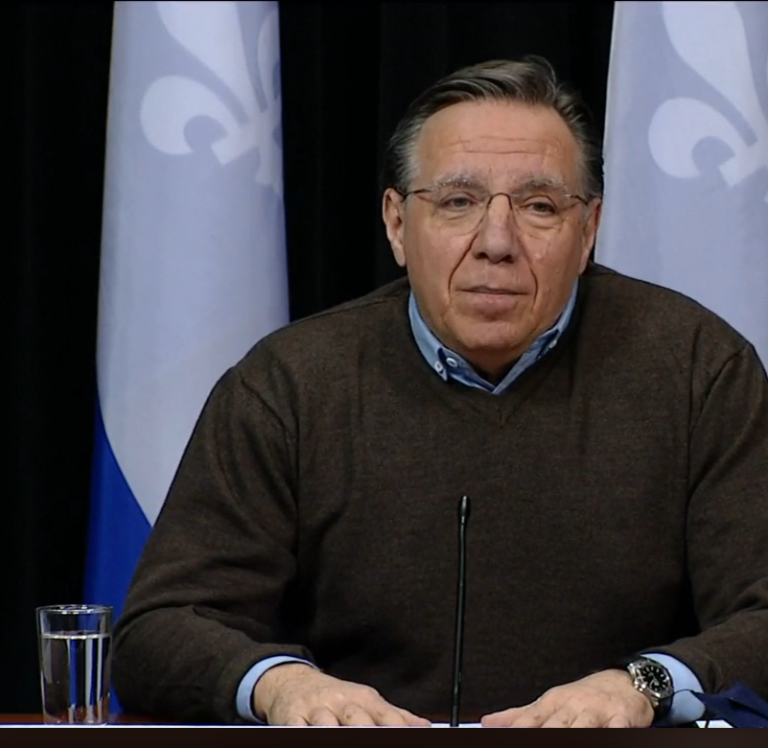 Quebec Premier Francois Legault at the May 18 provincial update on the coronavirus (COVID-19) health emergency. Photo: Screenshots / CBC